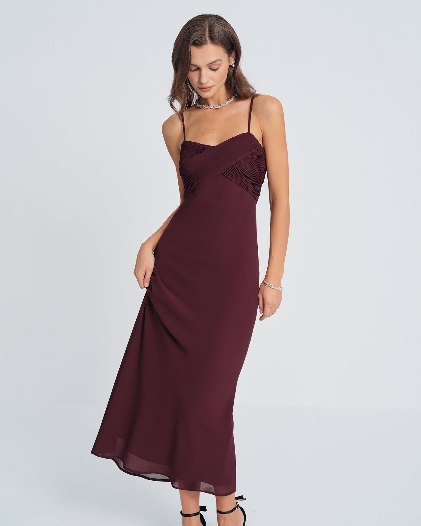 Wine Red Ruched Slip Maxi Dress