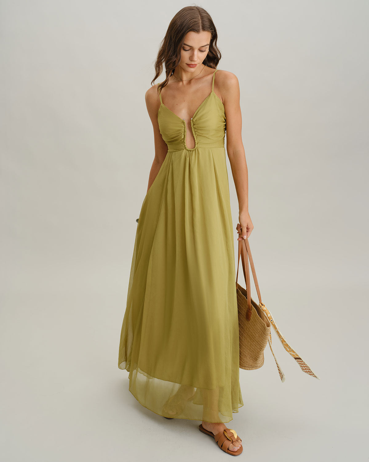 Green Ruched Slip Maxi Dress