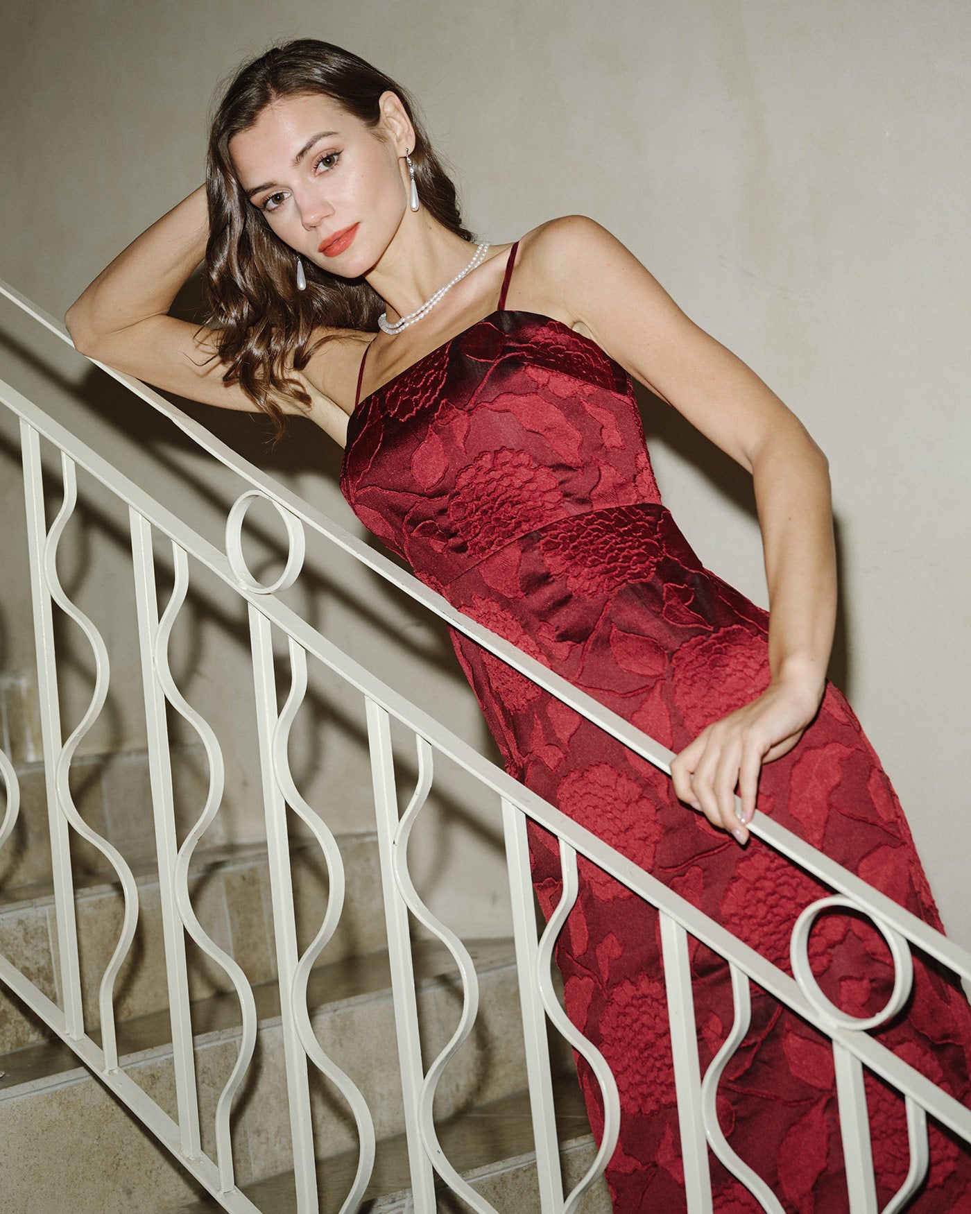 Red Jacquard Maxi Dress