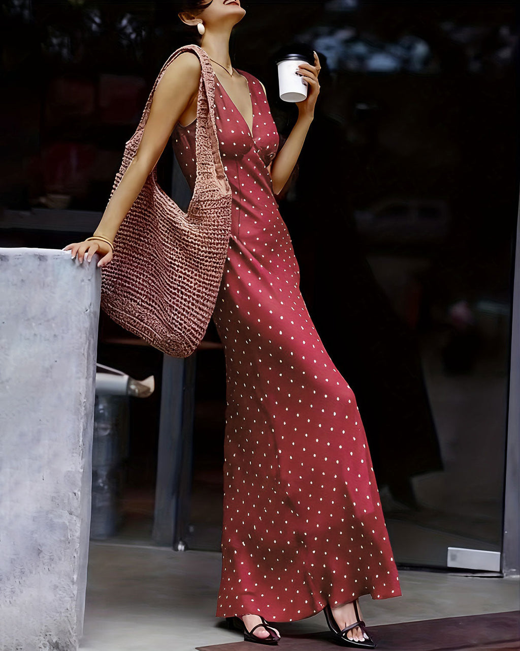 Vestido largo sin mangas rojo vino de lunares