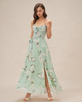 Vestido largo verde floral con cuello desbocado