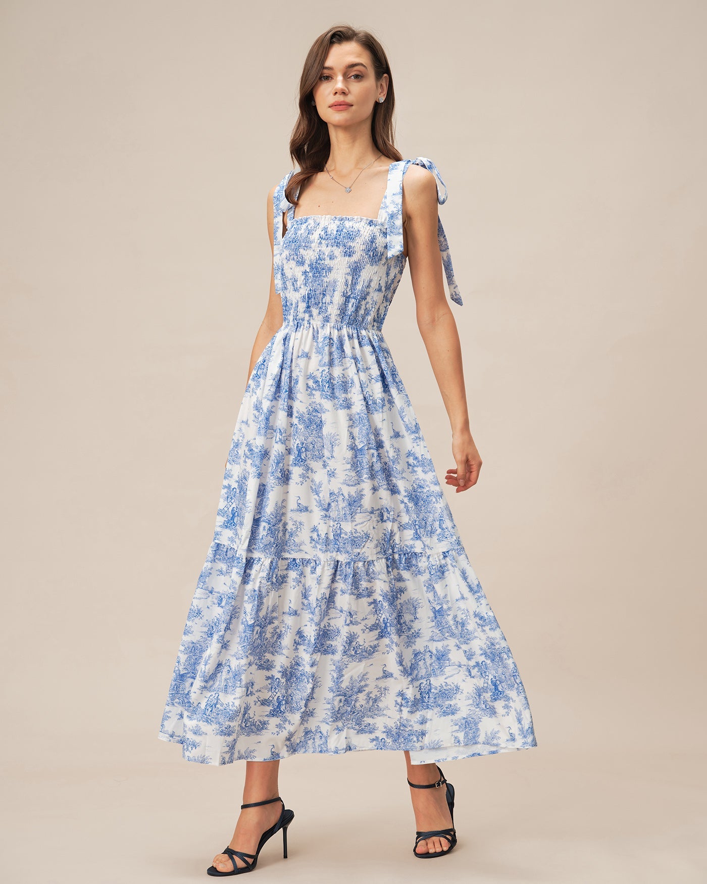 Blue Tie Strap Floral Slip Maxi Dress