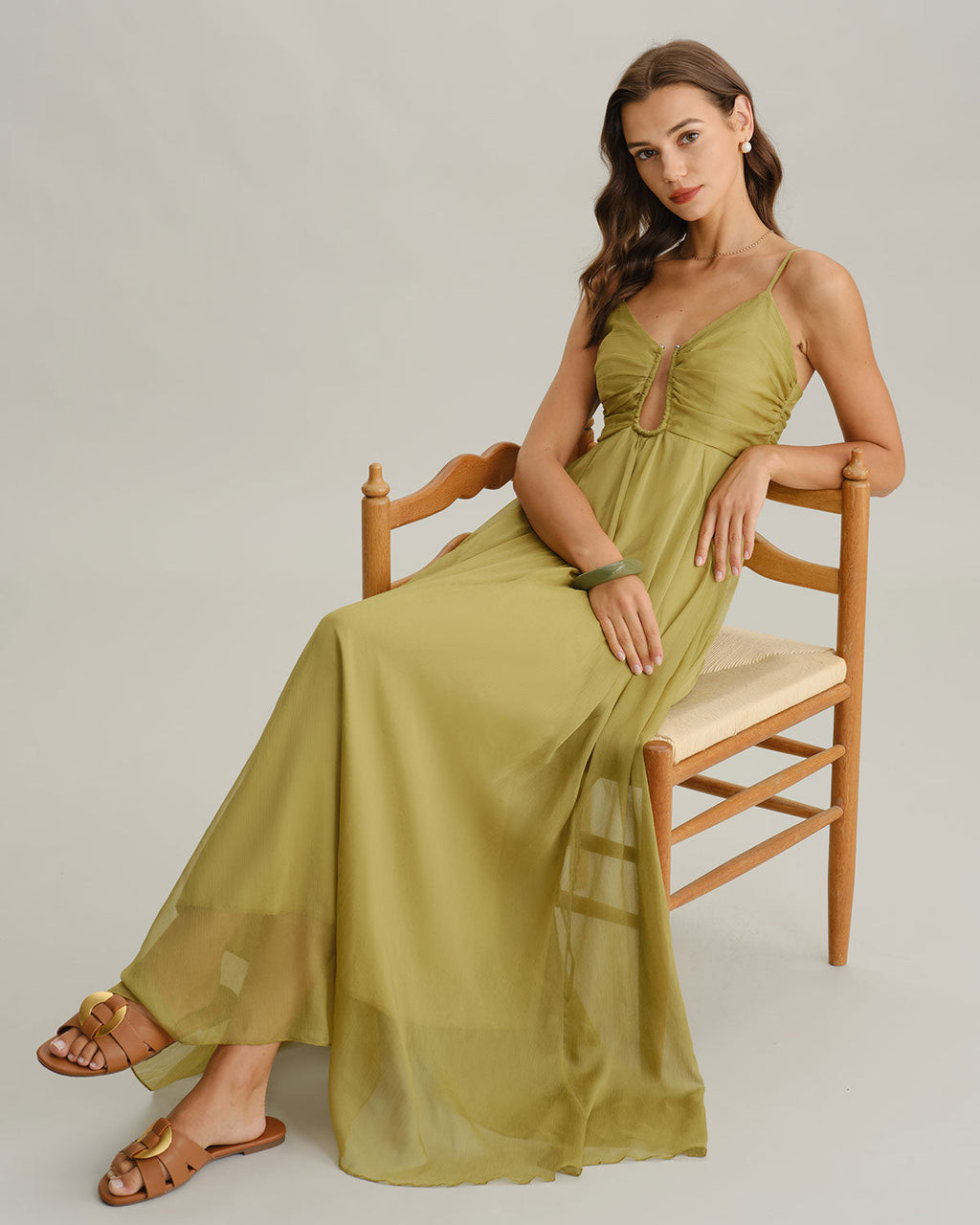 Vestido largo drapeado verde