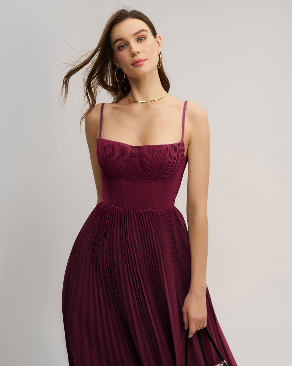 Vestido largo de fiesta escote corazón fluido rojo vino