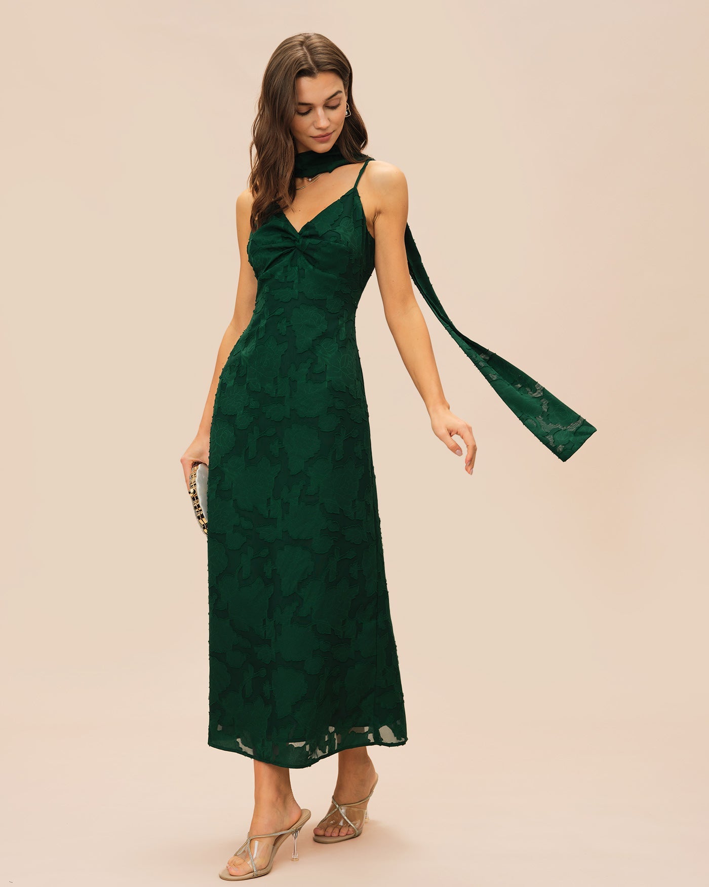 Green Jacquard Slip Maxi Dress