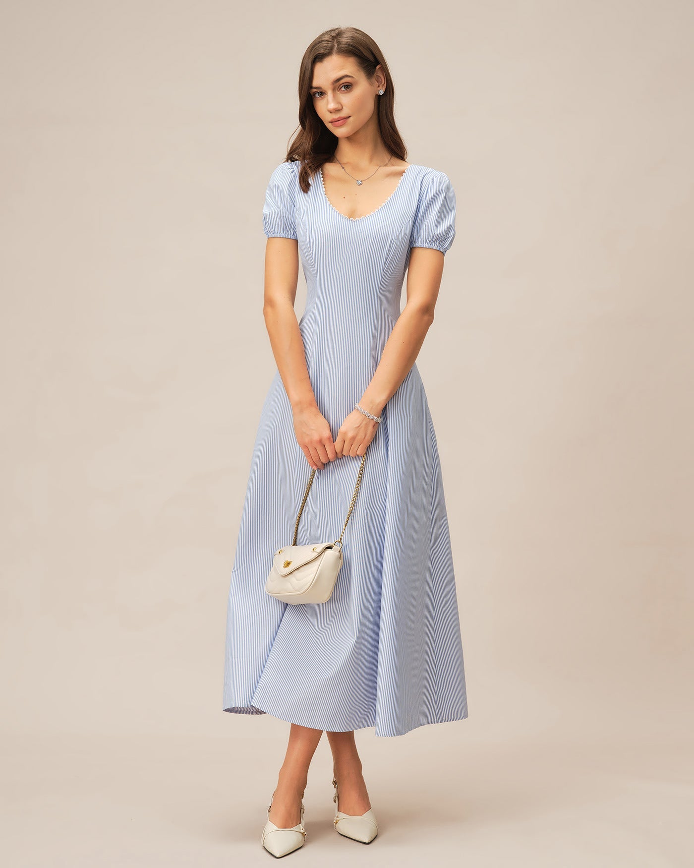 Blue V Neck Puffed Sleeve Striped Maxi Dress