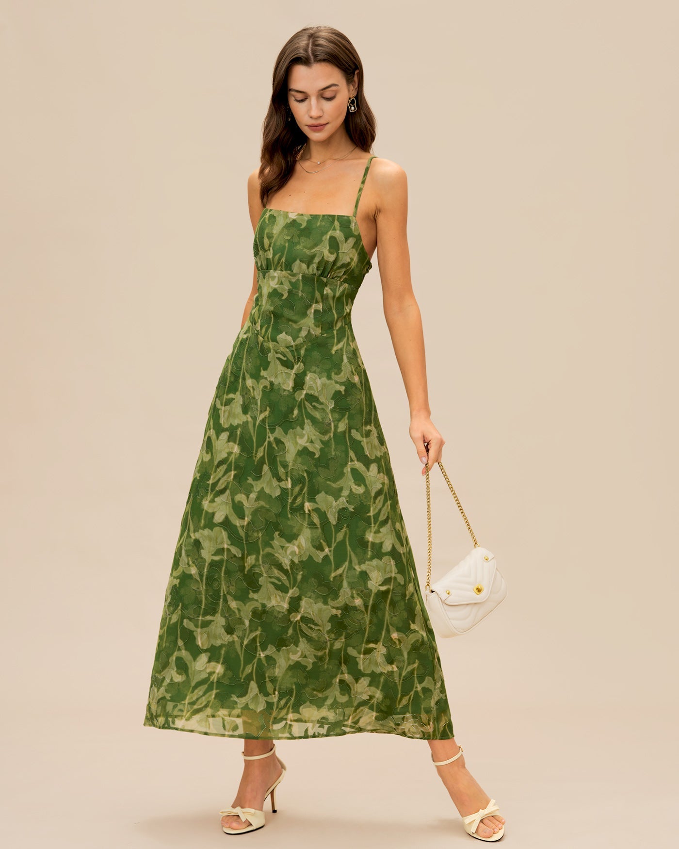 Green Floral X Cross Slip Maxi Dress