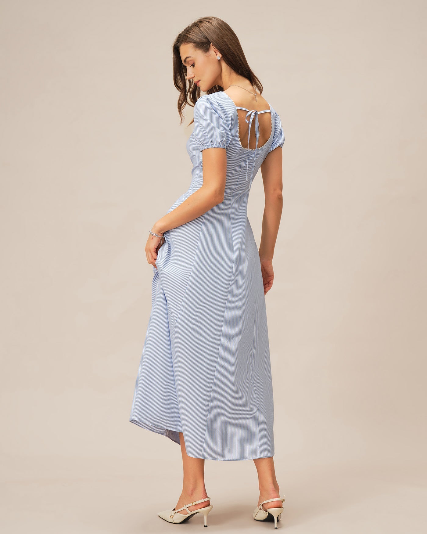 Blue V Neck Puffed Sleeve Striped Maxi Dress