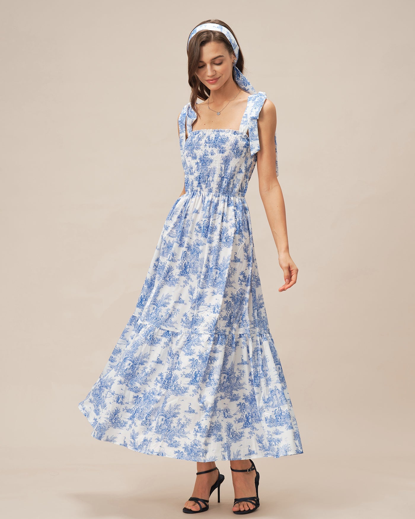 Blue Tie Strap Floral Slip Maxi Dress