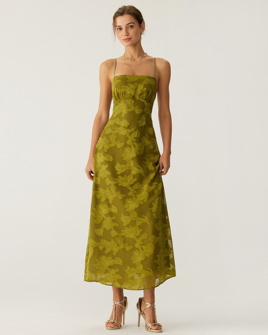 Vestido maxi lencero verde floral sin espalda con fruncido