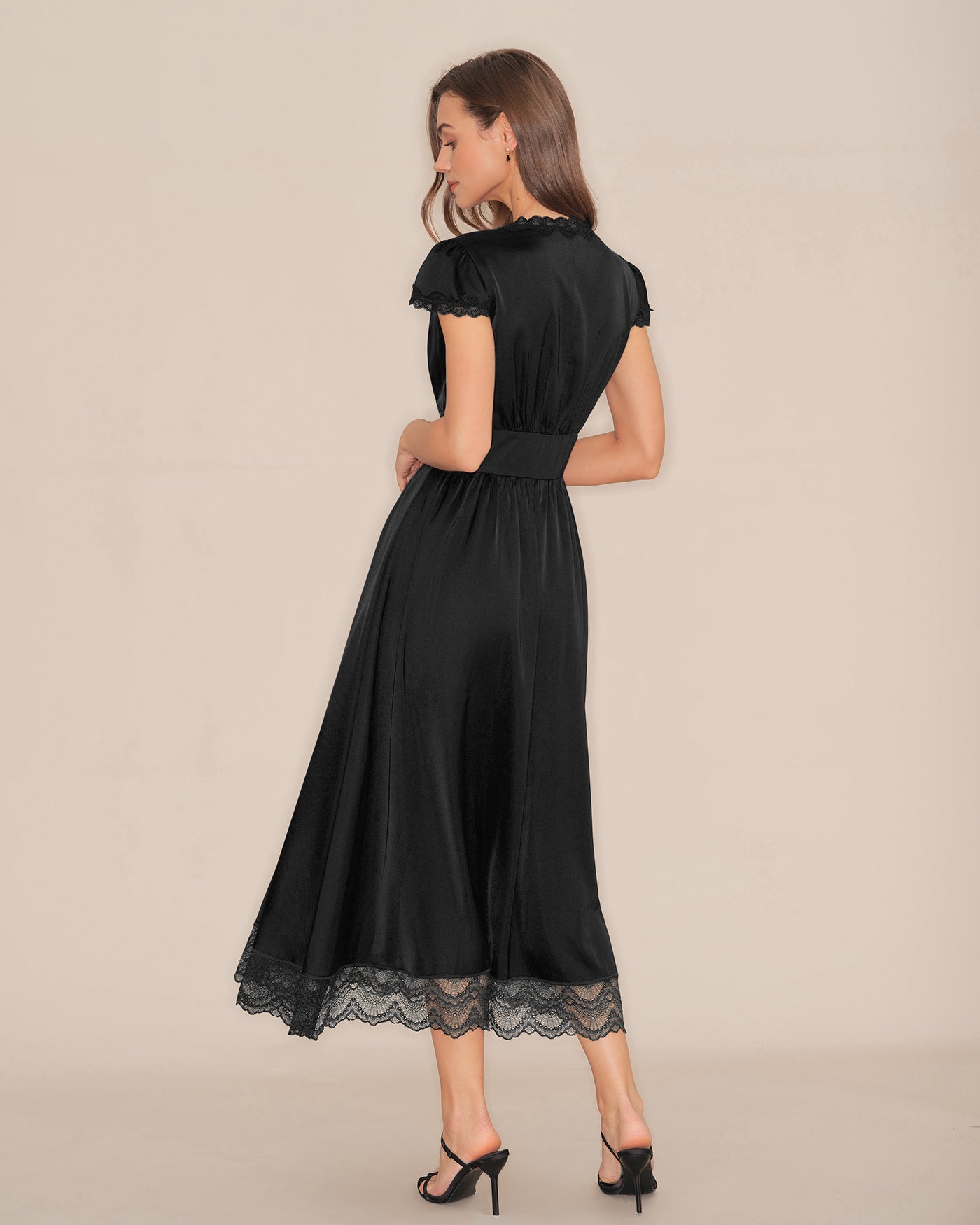 Black V Neck Lace Puffed Sleeve Maxi Dress