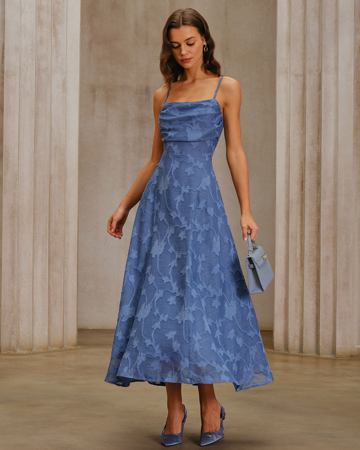 Blue Jacquard Ruched Slip Maxi Dress