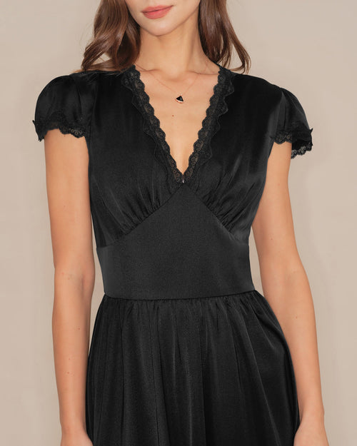 Vestido largo negro de cuello en V con encaje y manga abullonada
