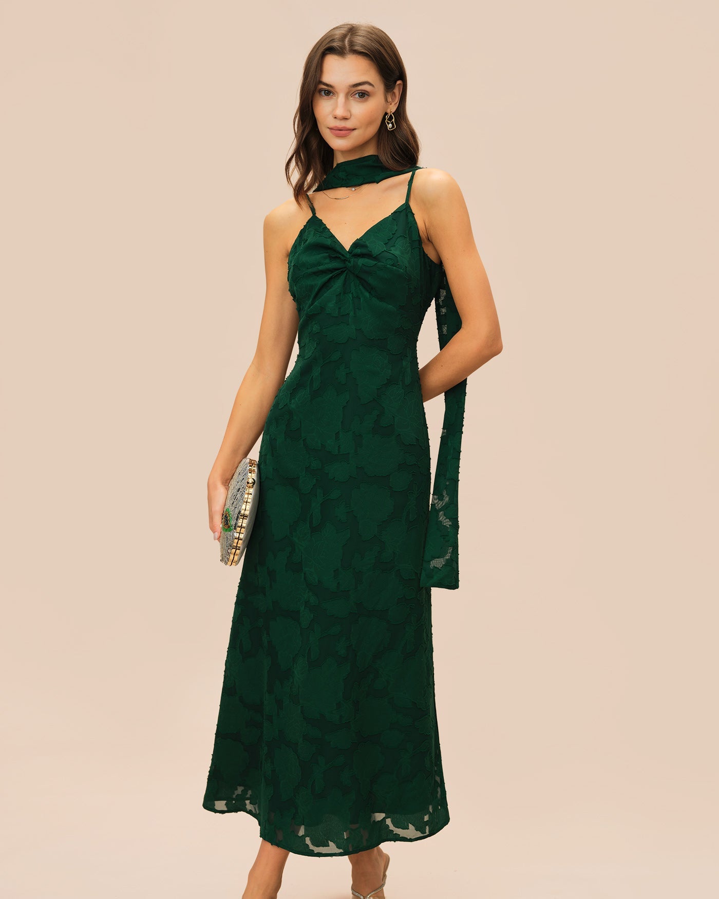 Green Jacquard Slip Maxi Dress