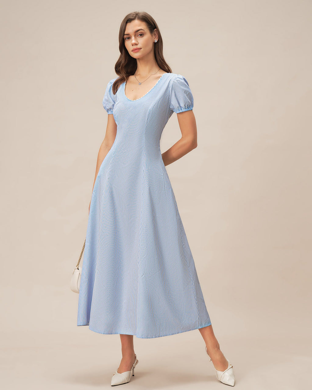 Blue V Neck Puffed Sleeve Striped Maxi Dress