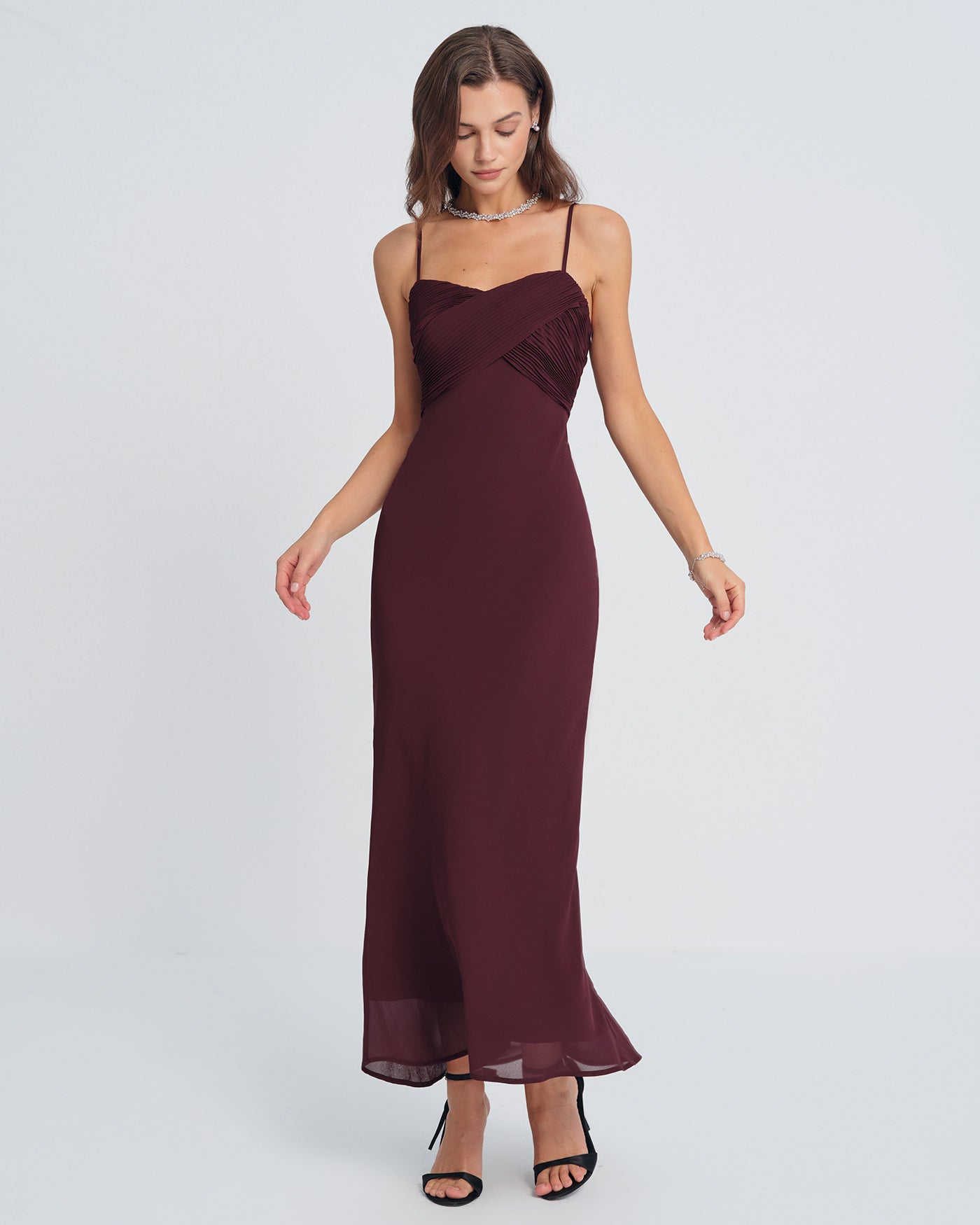 Wine Red Ruched Slip Maxi Dress