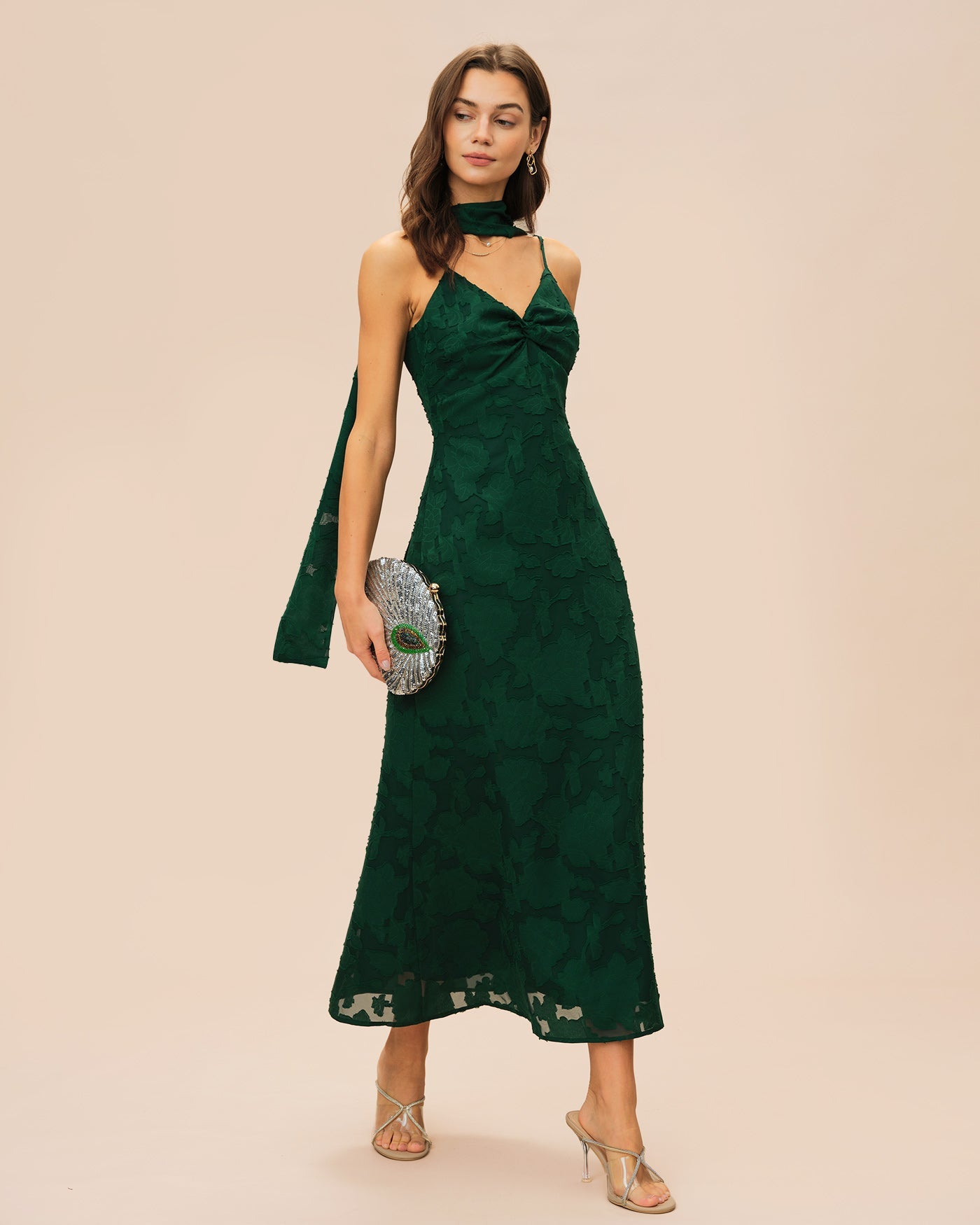 Green Jacquard Slip Maxi Dress