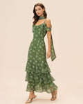 Vestido maxi verde con cuello en V y volantes florales