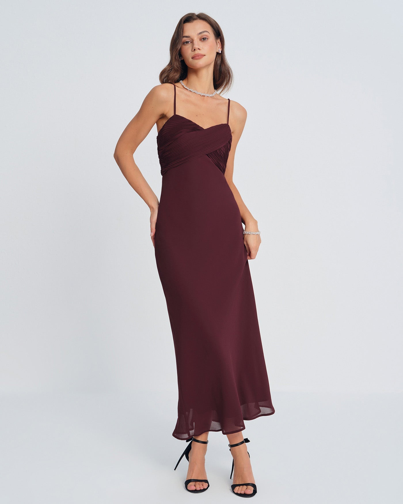 Wine Red Ruched Slip Maxi Dress