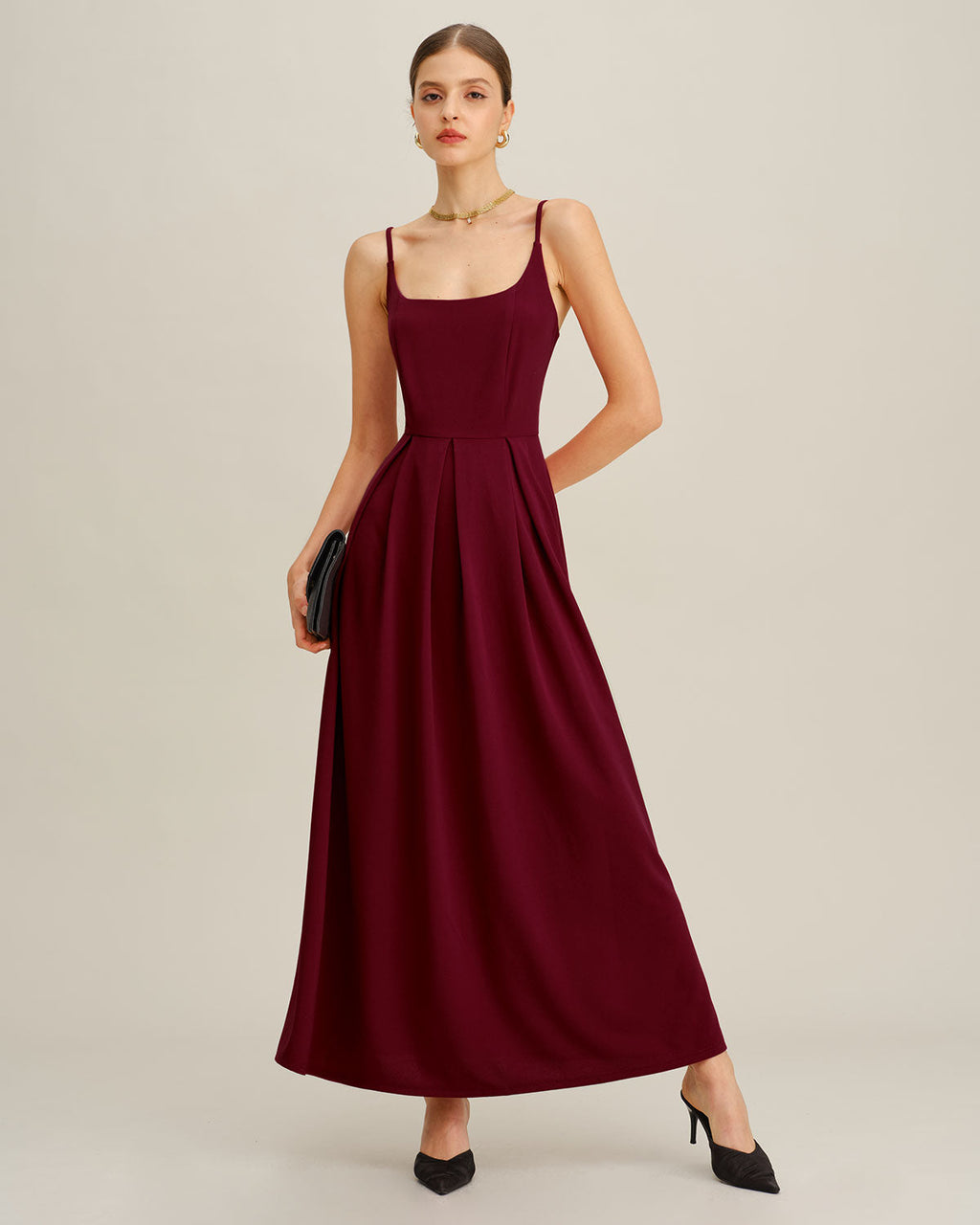 Vestido largo plisado lencero color rojo vino
