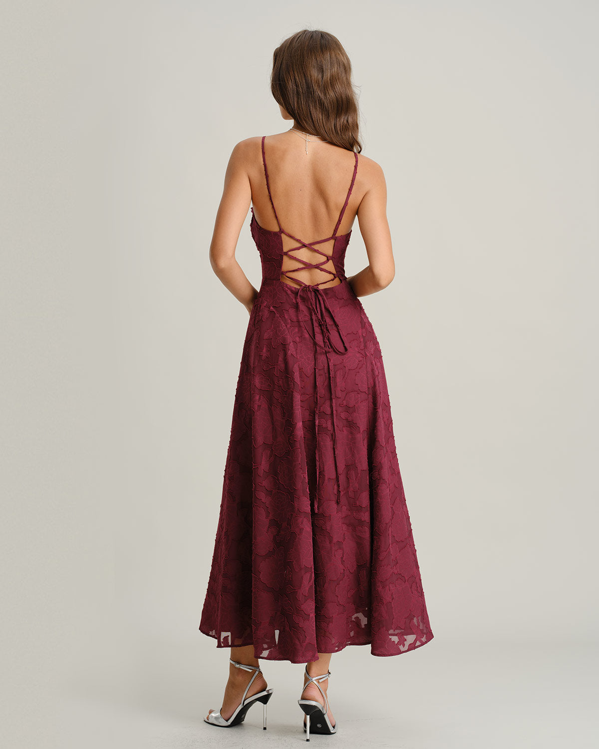 Vestido maxi jacquard color rojo vino