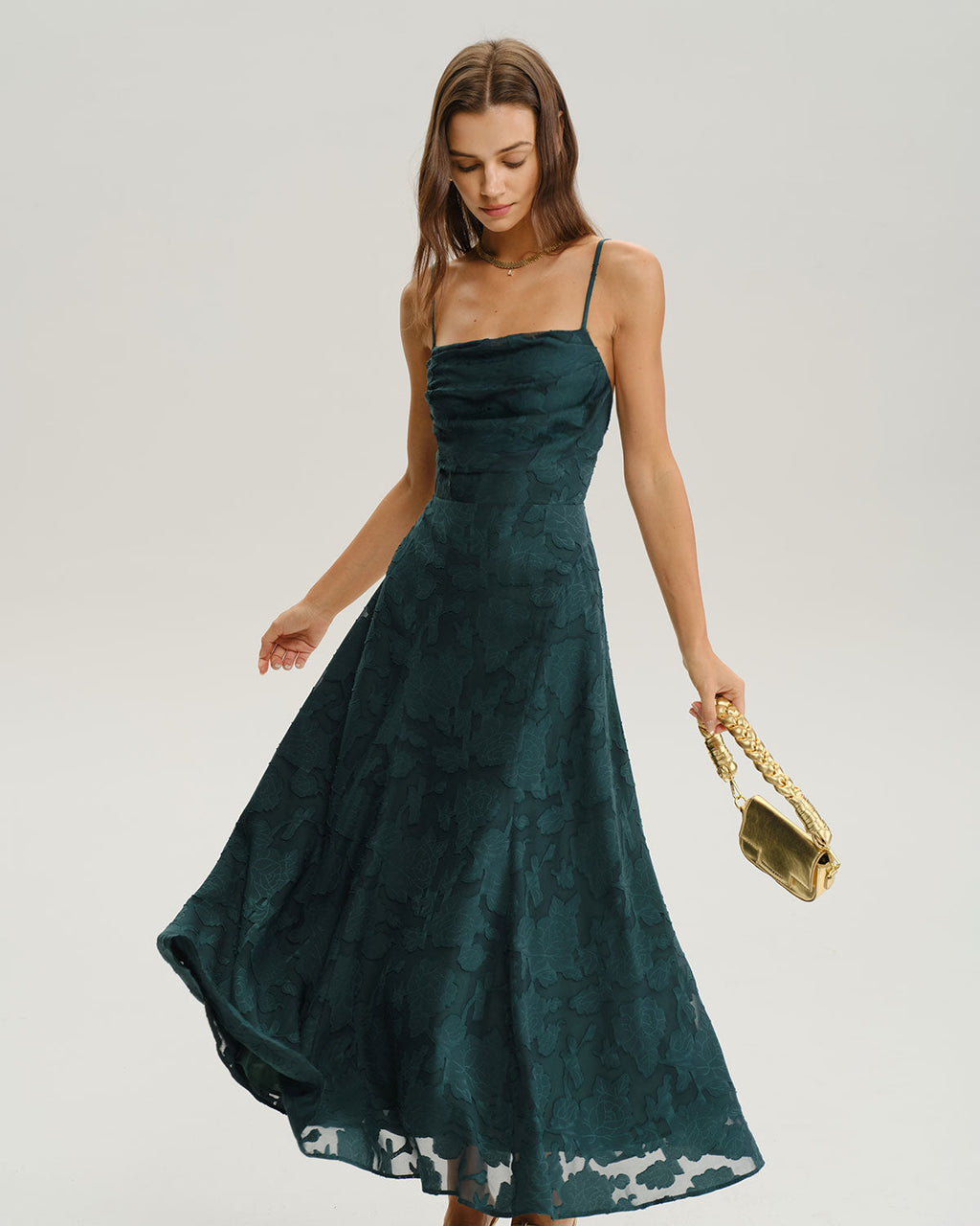 Vestido maxi de jacquard verde acampanado