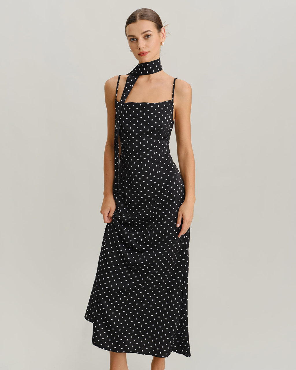 Black Polka Dot Cowl Neck Slip Maxi Dress