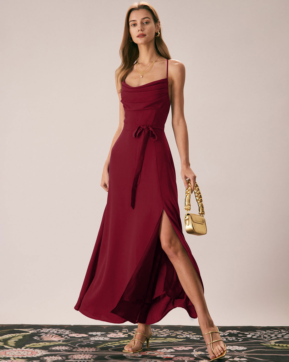 Red Cowl Neck Slip Maxi Dresses