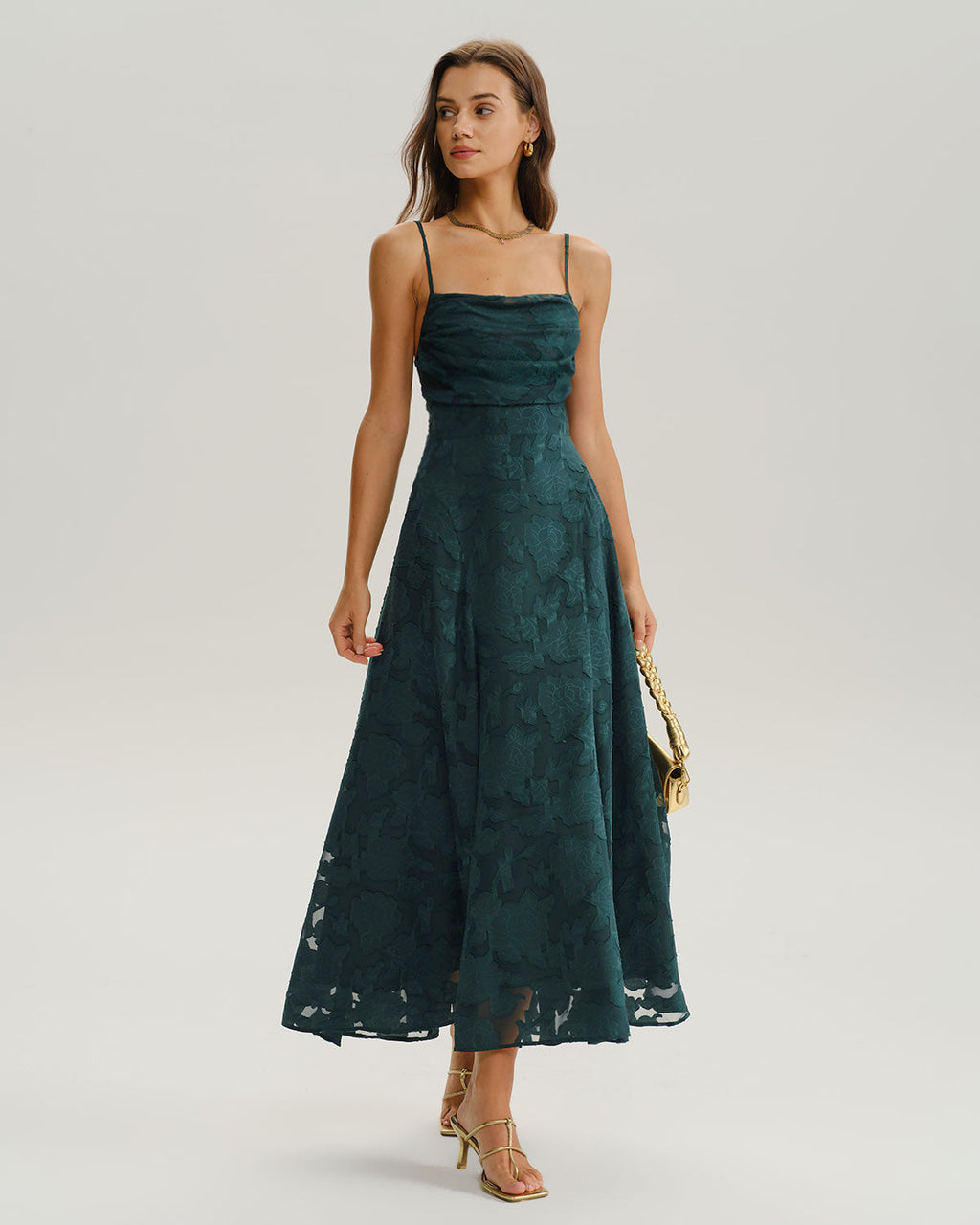 Vestido maxi de jacquard verde acampanado
