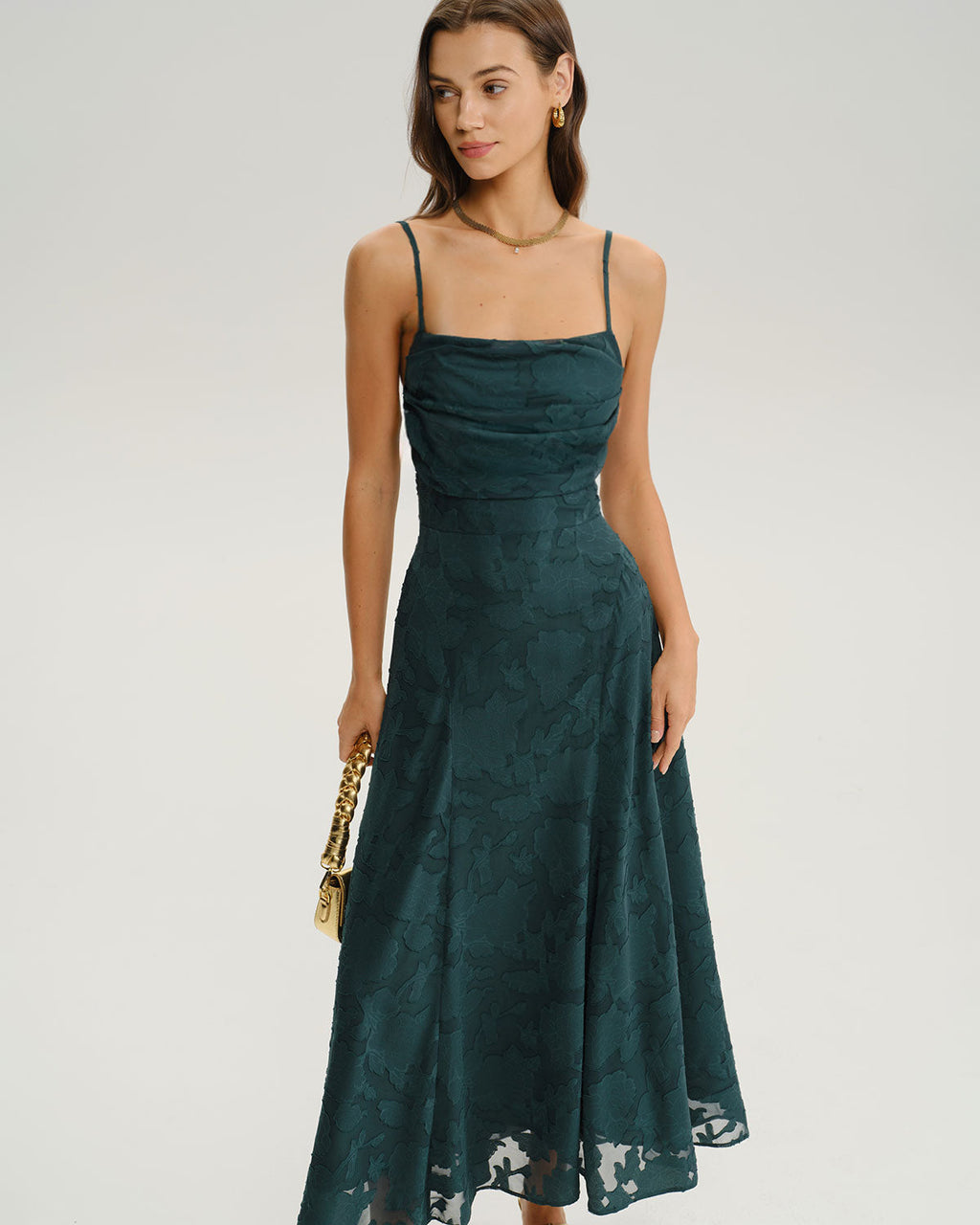 Vestido maxi de jacquard verde acampanado