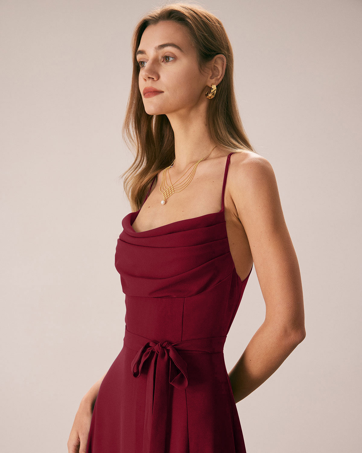 Red Cowl Neck Slip Maxi Dresses