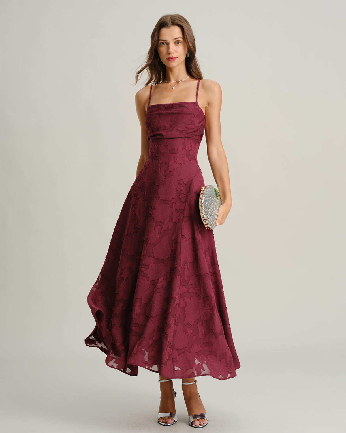 Vestido maxi jacquard color rojo vino