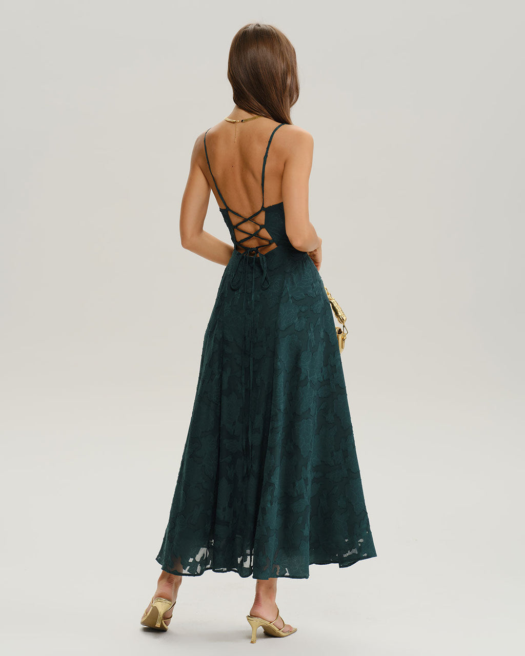 Vestido maxi de jacquard verde acampanado