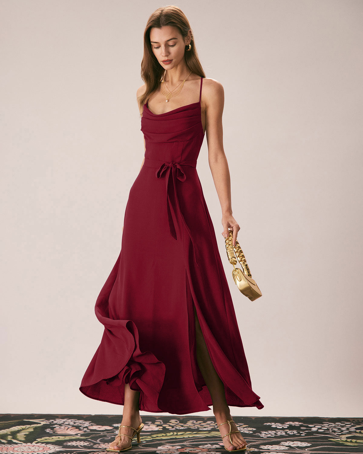 Red Cowl Neck Slip Maxi Dresses