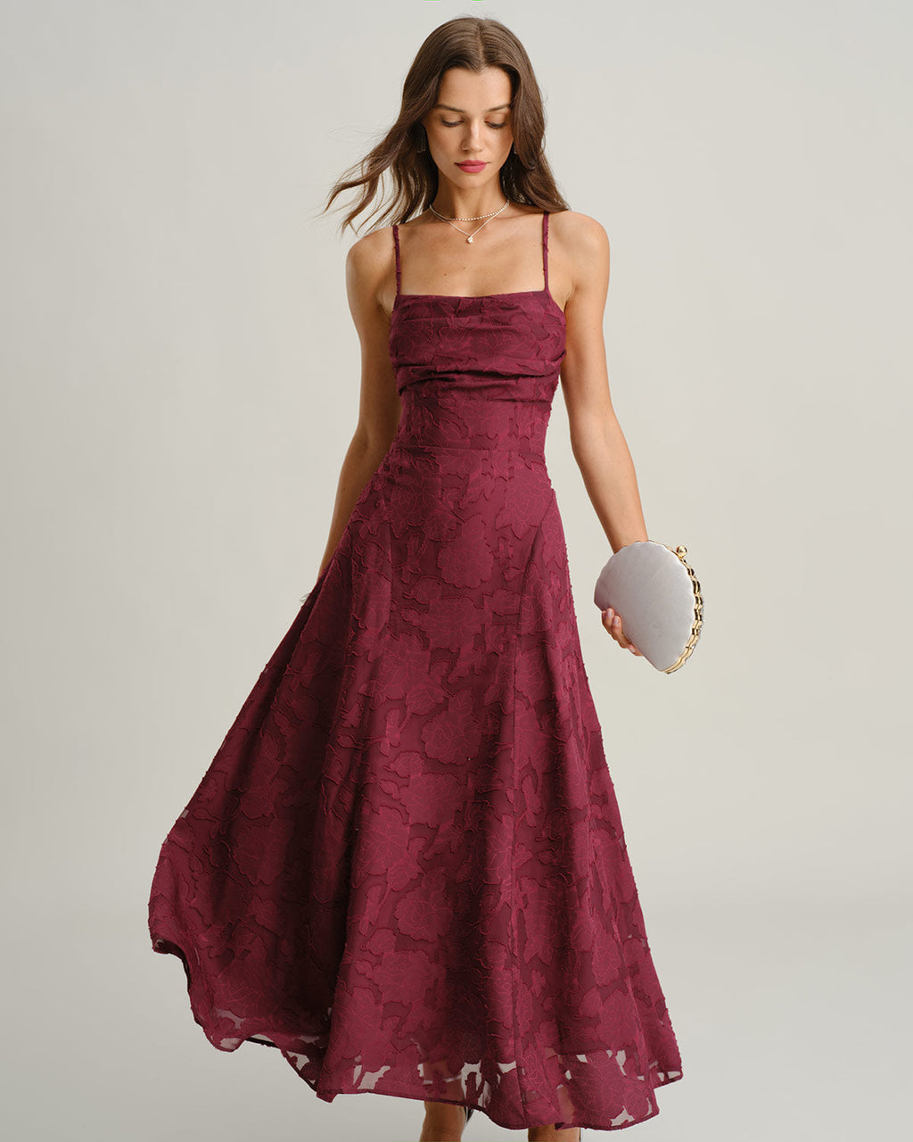 Vestido maxi jacquard color rojo vino