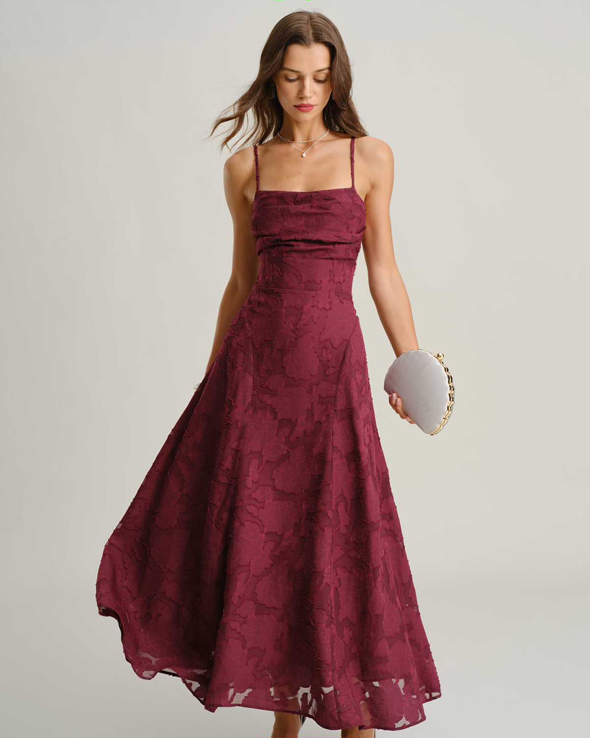 Vestido maxi jacquard color rojo vino