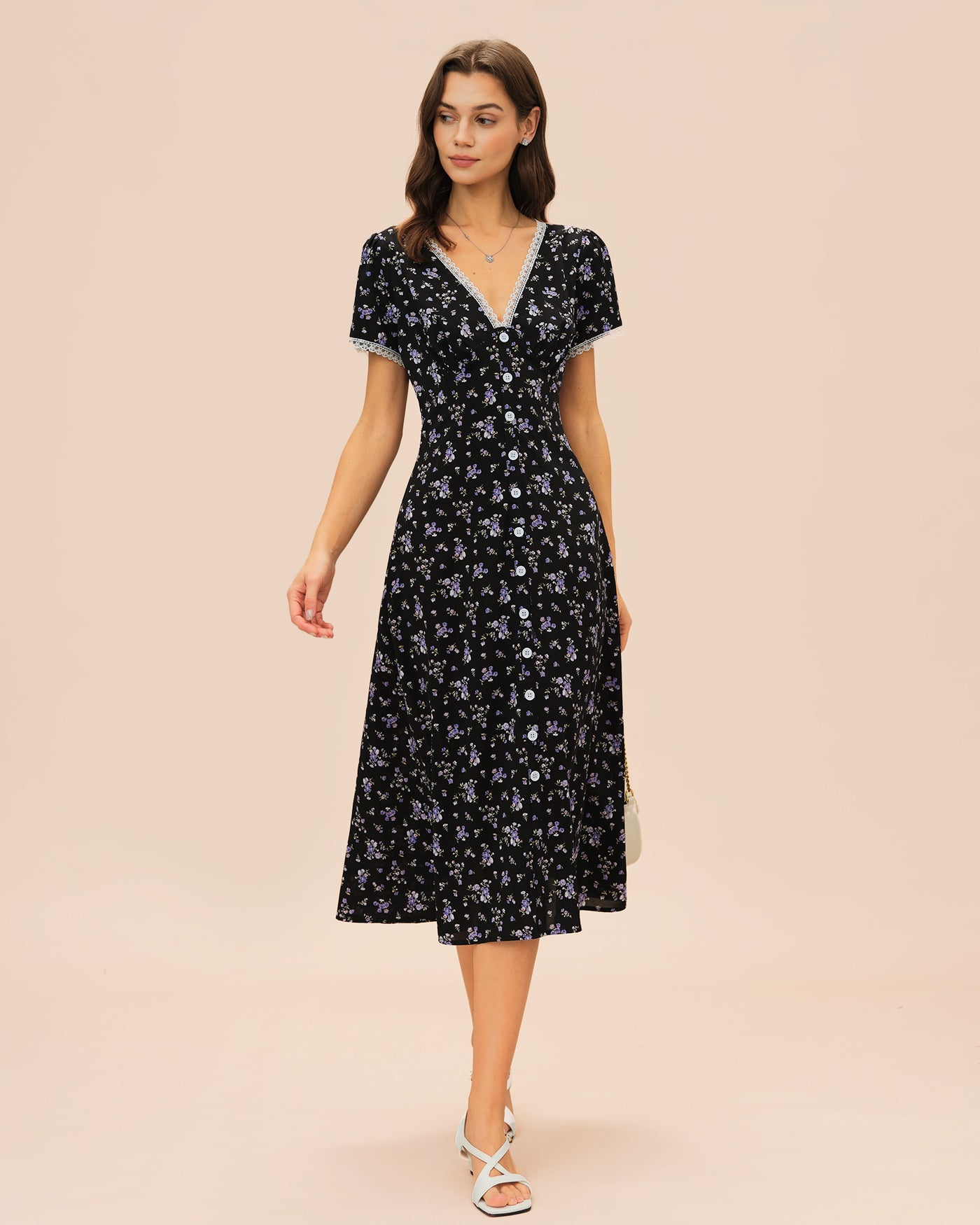 Black V Neck Lace Floral Midi Dress