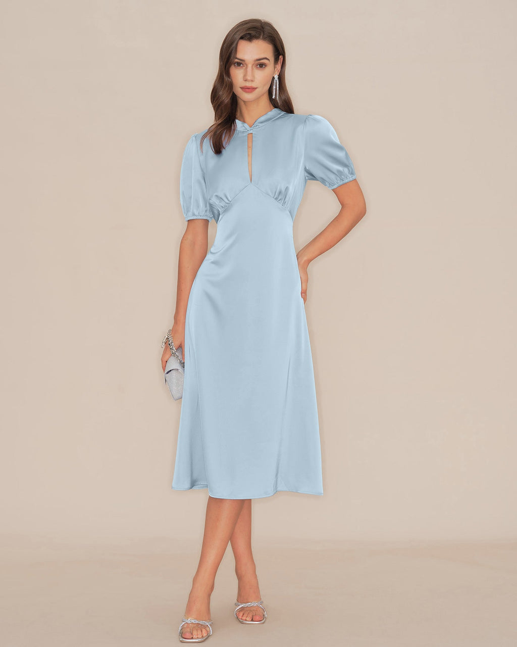 Blue Puffed Sleeve Backless Satin Midi Dress