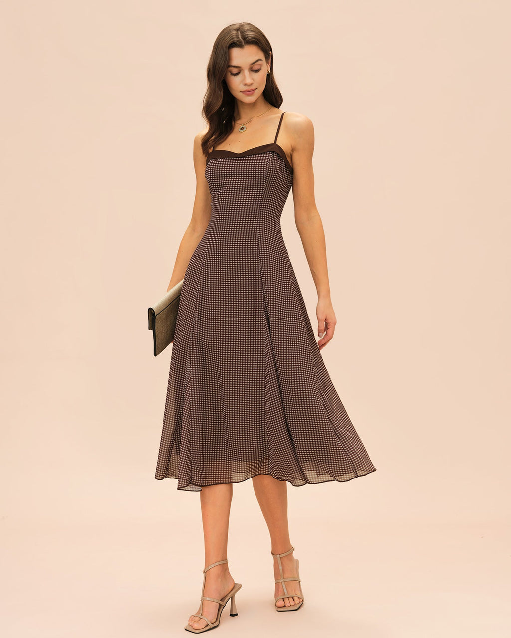 Brown Sweetheart Neck Plaid Slip Midi Dress