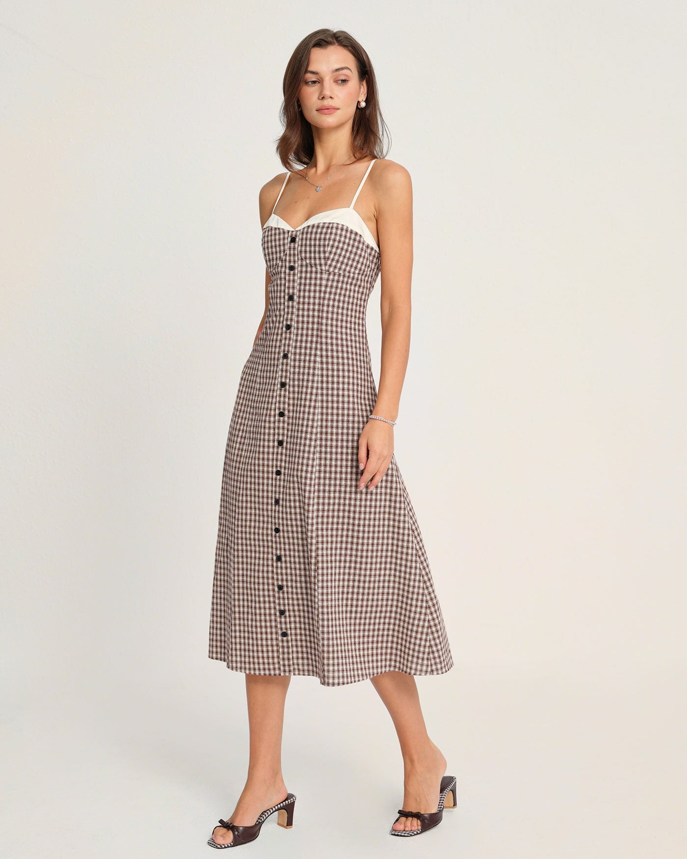 Coffee Plaid Slip Midi Dress