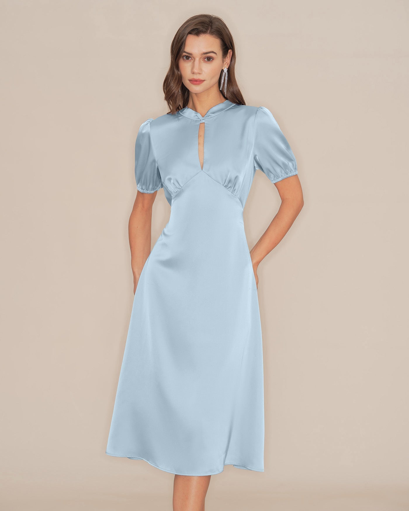 Blue Puffed Sleeve Backless Satin Midi Dress