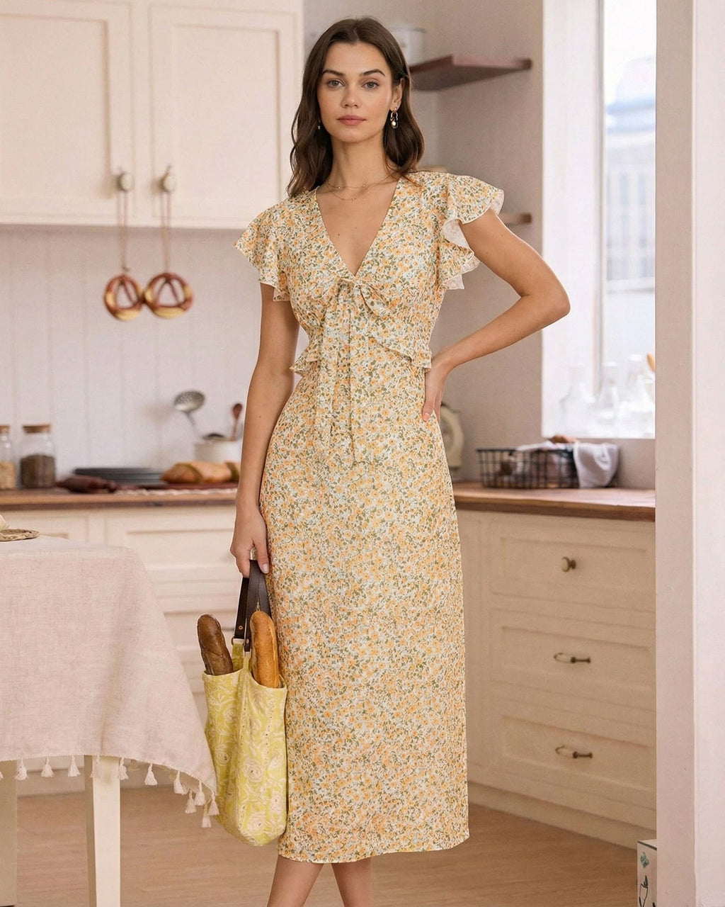 Vestido Midi Amarillo con Cuello en V y Volantes Florales
