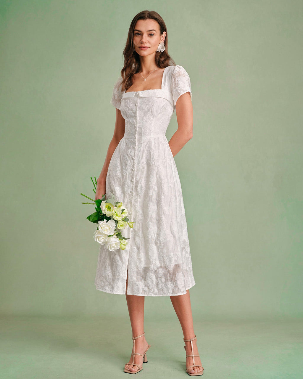 Vestido Midi con Escote Cuadrado Cruzado Blanco