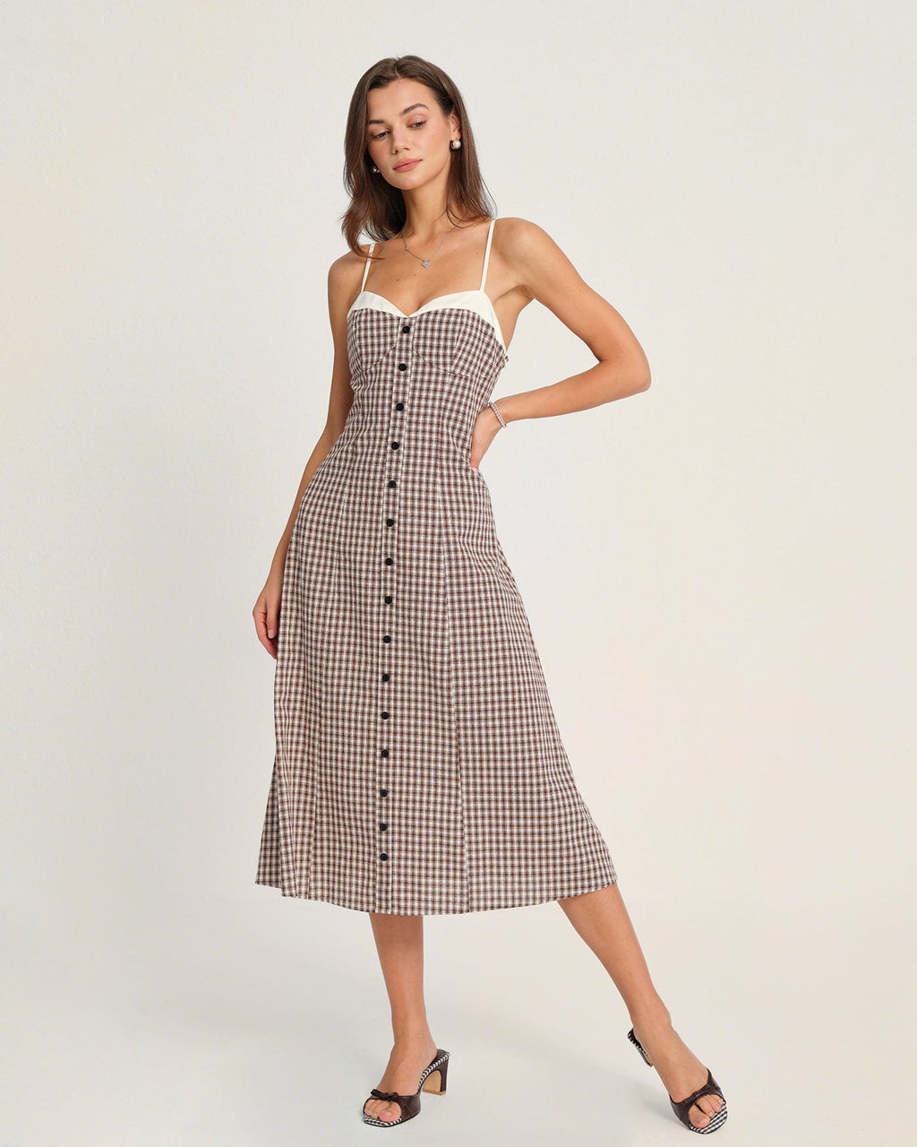 Vestido midi lencero de cuadros café