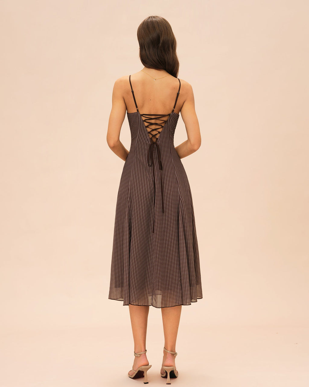 Brown Sweetheart Neck Plaid Slip Midi Dress