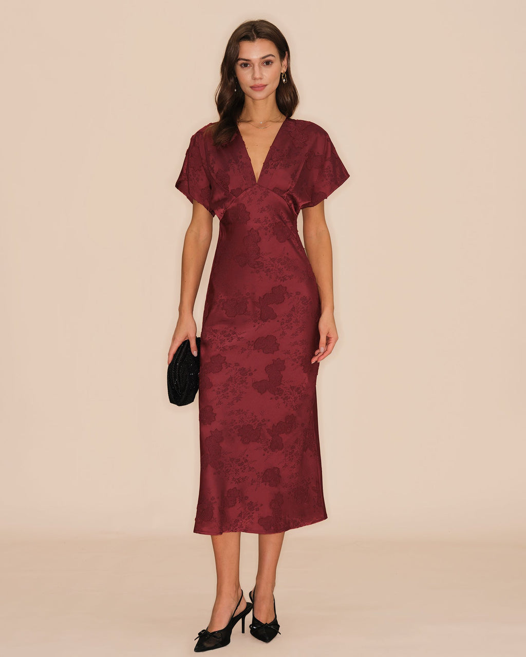 Vestido midi jacquard escote pico rojo vino