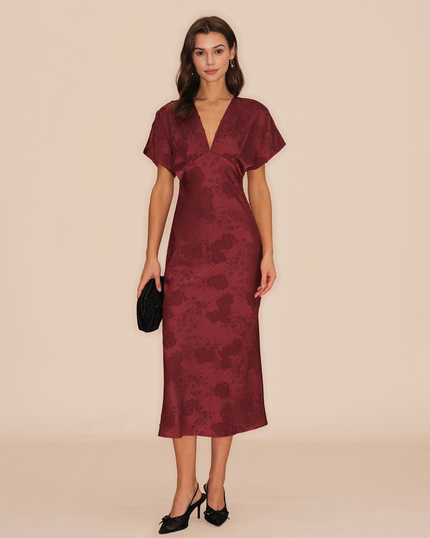 Vestido midi jacquard escote pico rojo vino
