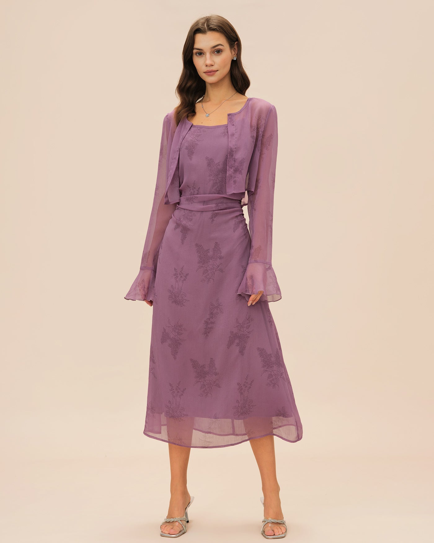 Purple Floral Ruched Slip Midi Dress
