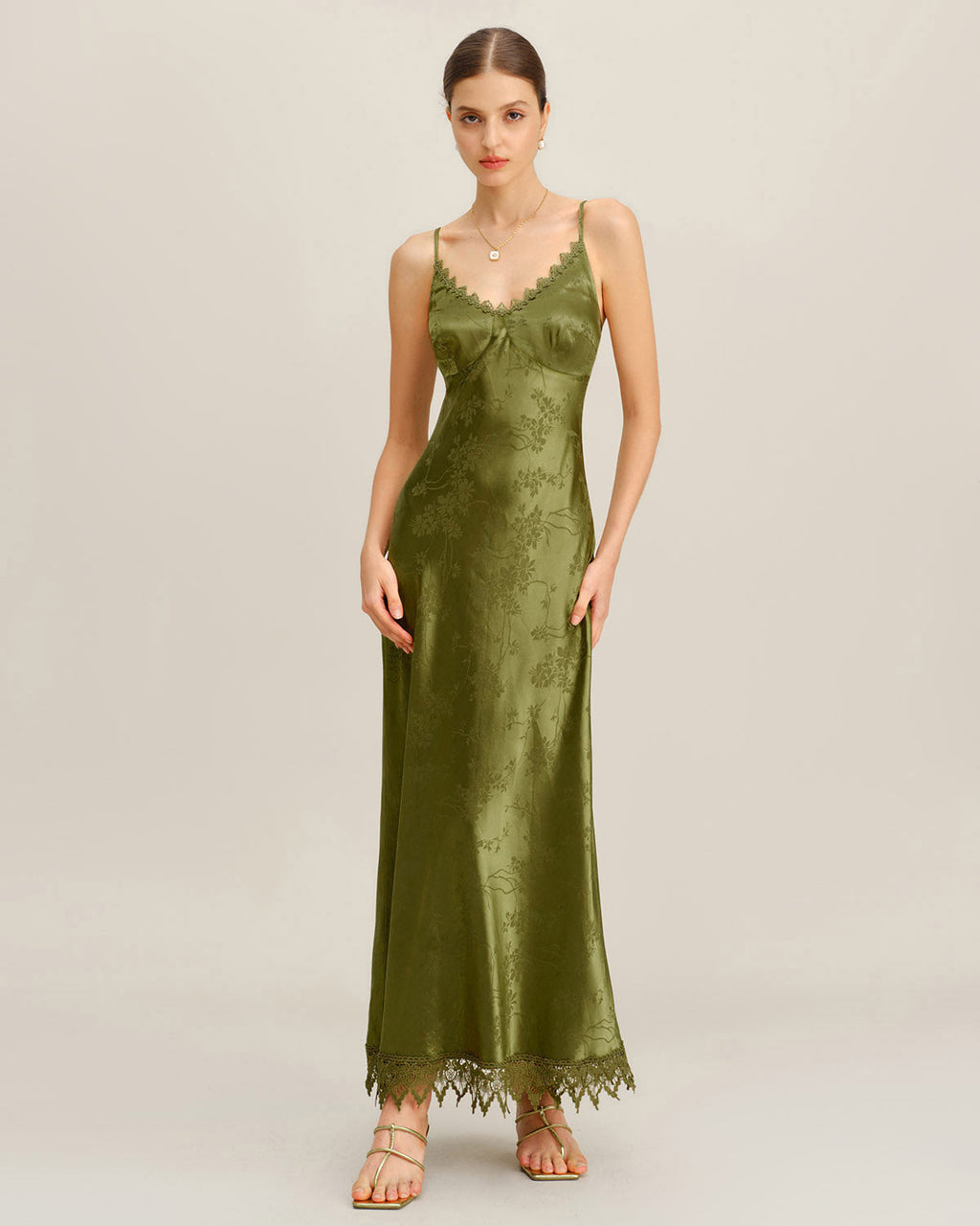 Vestido largo de jacquard verde tipo corsé