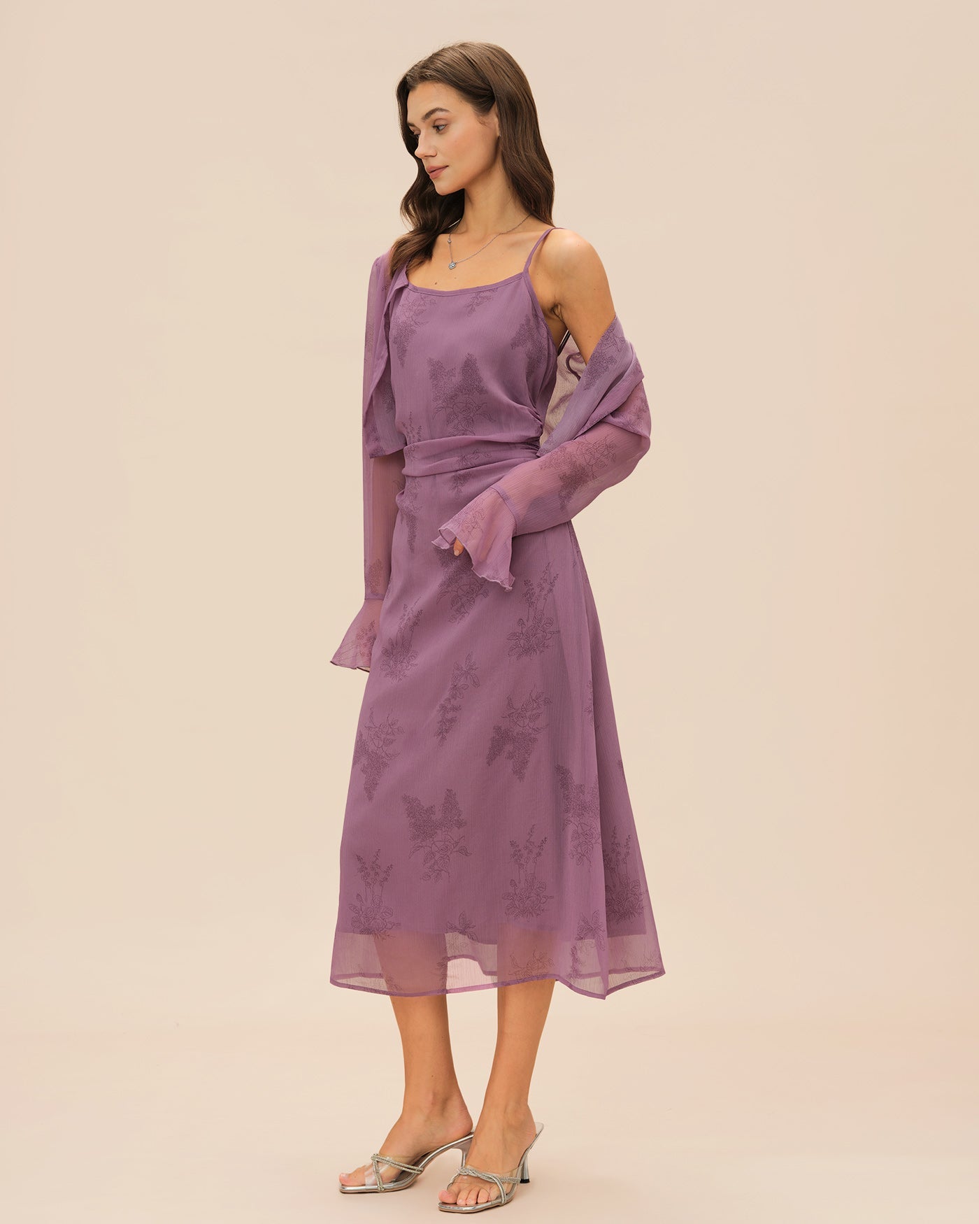 Purple Floral Ruched Slip Midi Dress